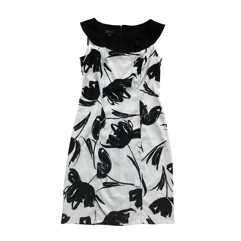 AB Studio Womens Black White Floral‎ Tulip Sheath Dress Portrait Collar Size 4